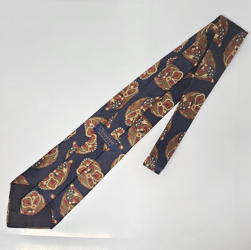 Oscar de la Renta Couture Vintage Silk Tie Navy Red & Brown Paisley Print 80's - Picture 7 of 9